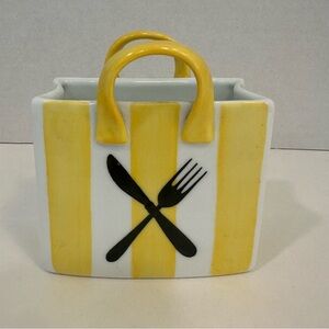 Handpainted Ceramic Kitchen Tote Bag Holder – Yellow Stripes – Utensil/Planter